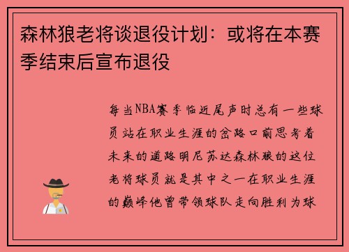 森林狼老将谈退役计划：或将在本赛季结束后宣布退役